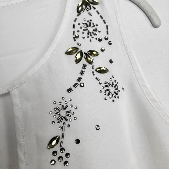 H&M EMBELLISHED SLEEVELESS BLOUSE – SIZE US 8 – WHITE – FLORAL BEADED TRIM - Picture 4 of 7